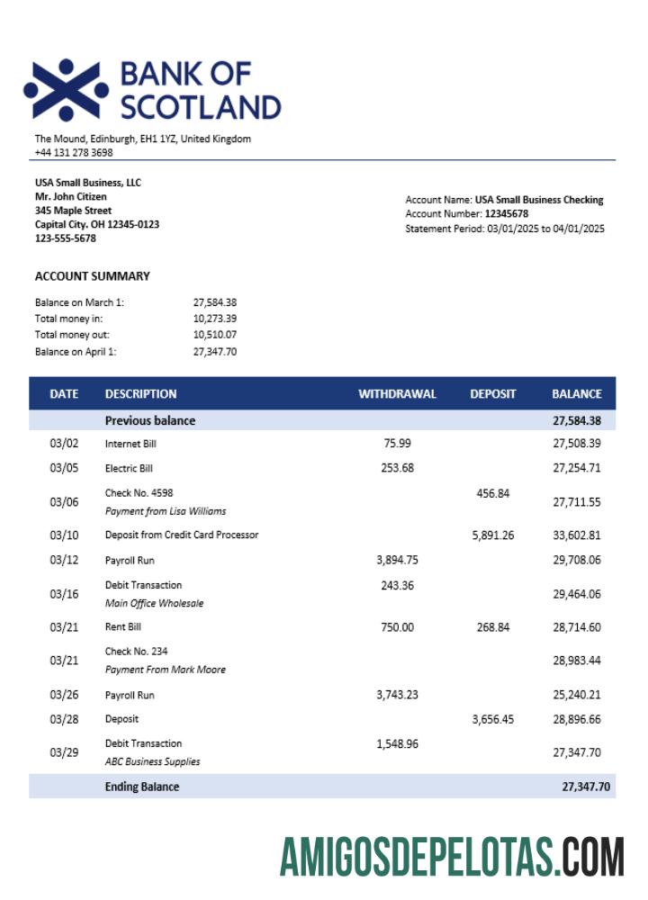 Imprimível Modelo Word e PDF de extrato de conta corrente comercial do Banco da Escócia do Reino Unido